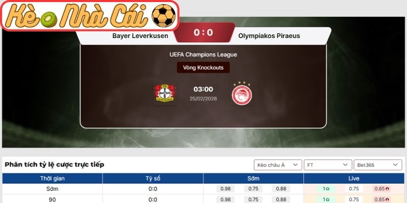 Kèo châu Á trận Bayer Leverkusen vs Olympiakos Piraeus (03:00 25-02, C1)