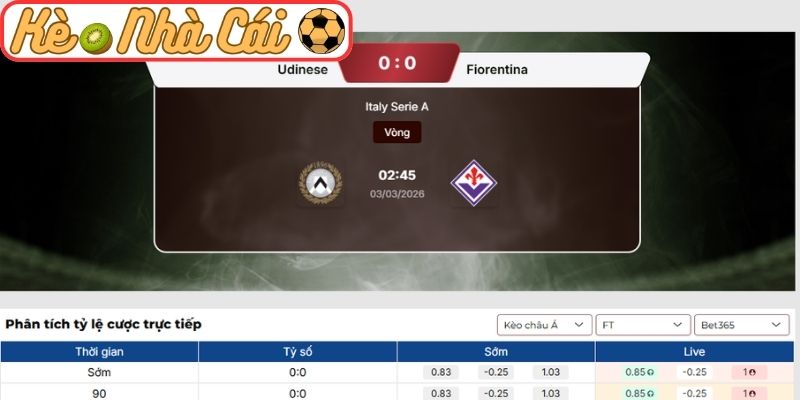 Kèo châu Á trận Udinese vs Fiorentina (02:45 03-03, Serie A)